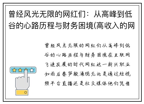 曾经风光无限的网红们：从高峰到低谷的心路历程与财务困境(高收入的网红们创造价值了吗)