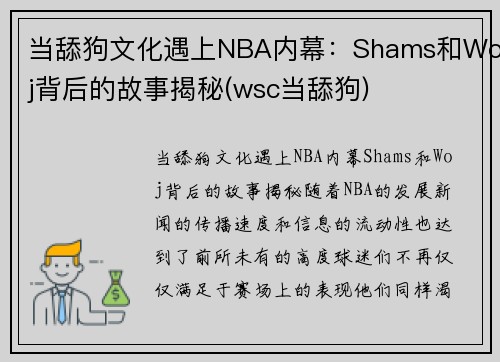 当舔狗文化遇上NBA内幕：Shams和Woj背后的故事揭秘(wsc当舔狗)