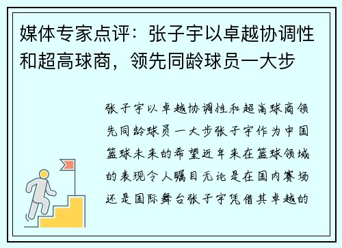 媒体专家点评：张子宇以卓越协调性和超高球商，领先同龄球员一大步