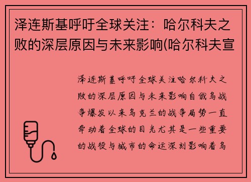 泽连斯基呼吁全球关注：哈尔科夫之败的深层原因与未来影响(哈尔科夫宣布独立)