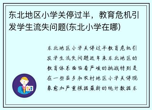 东北地区小学关停过半，教育危机引发学生流失问题(东北小学在哪)